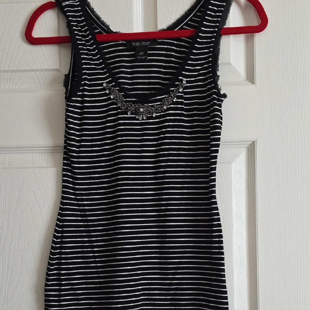 White House Black Market Black and White Striped Jeweled Tank